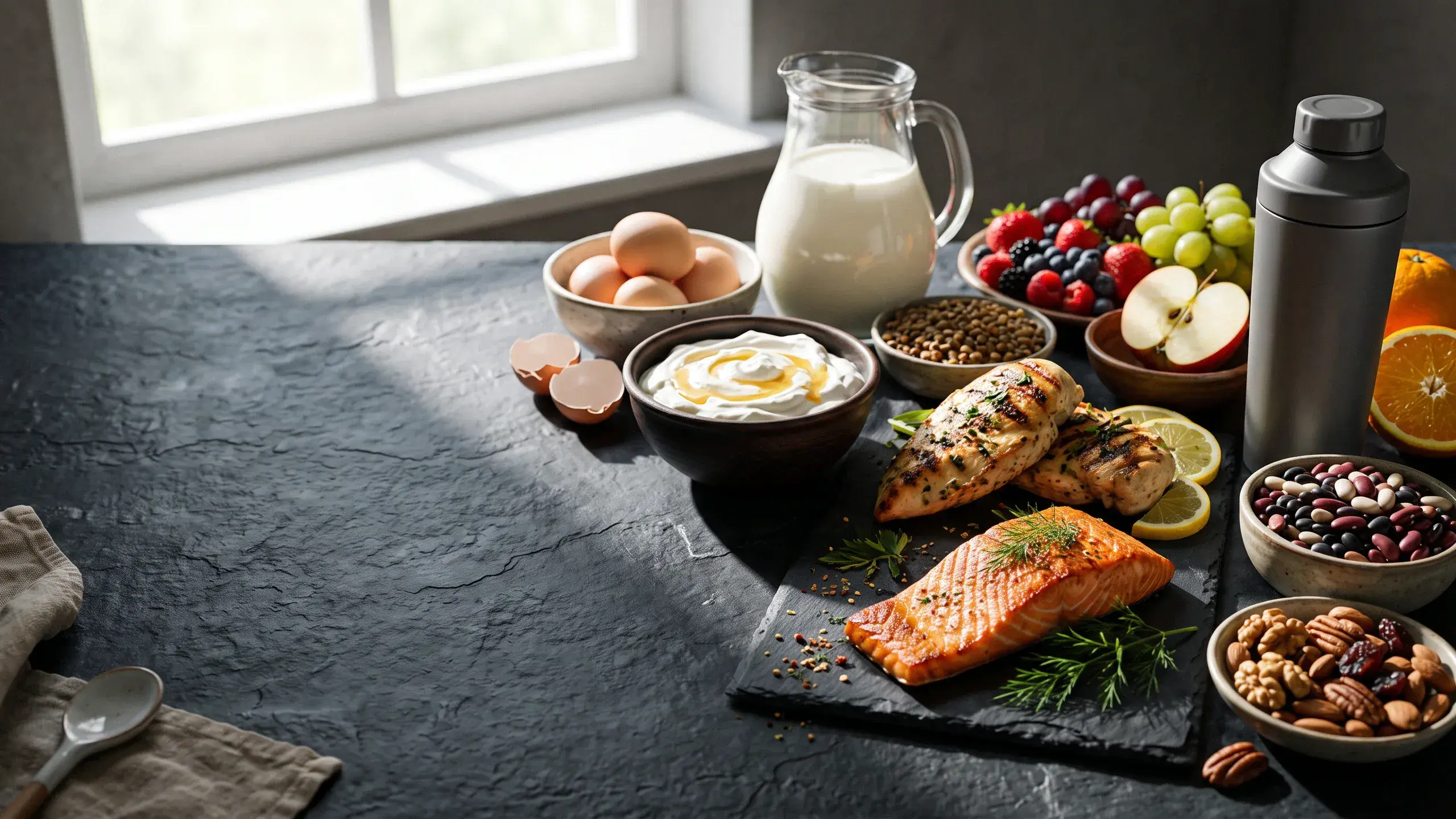 Milk, eggs, yoghurt, chicken, salmon, beans, nuts and fruit on a dark worktop, one shaker among them