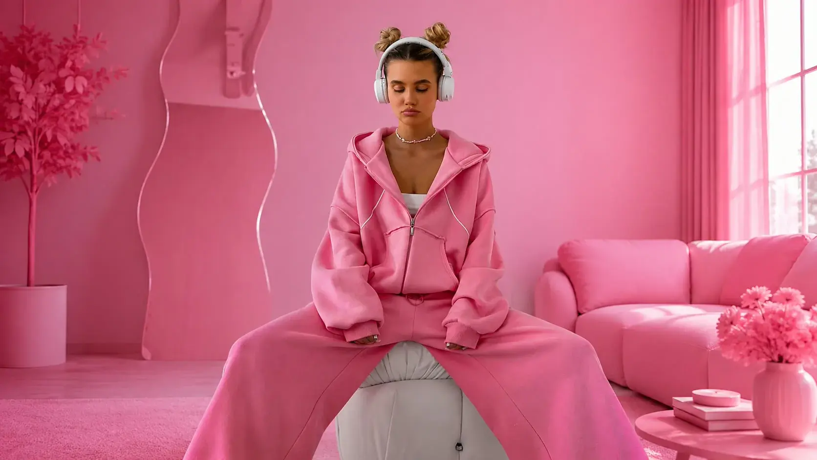A woman in an oversized pink zip hoodie and wide pink sweatpants sitting in a room furnished entirely in the same pink.