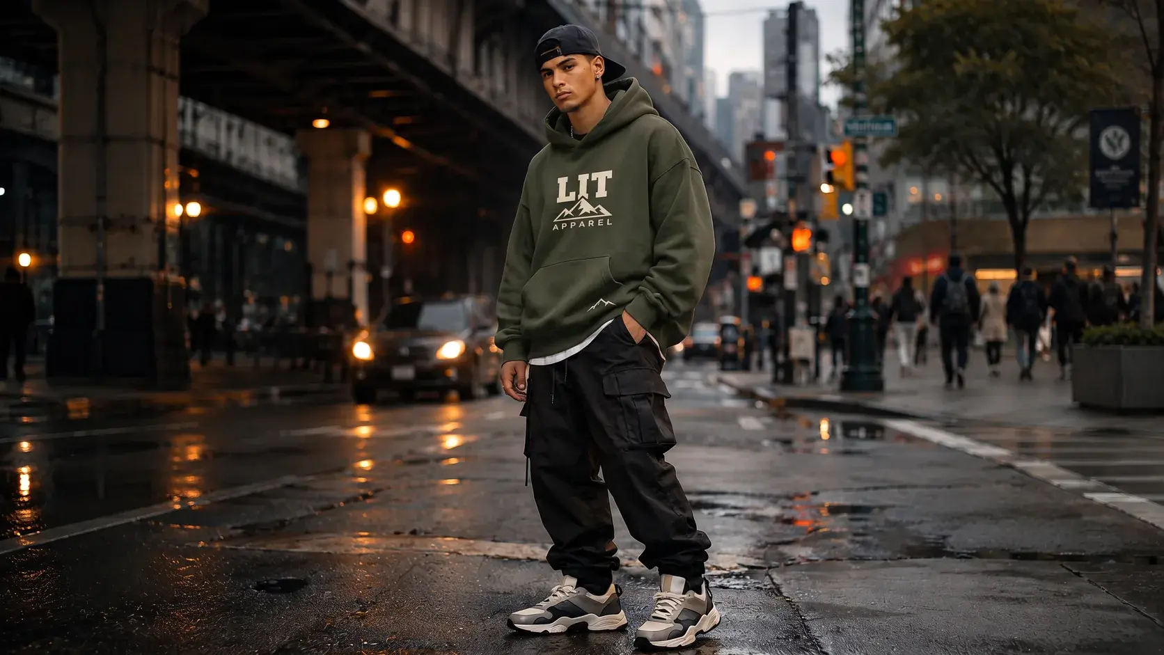 A man in the olive LIT Logo Hoodie, wide black cargos and a backwards cap, standing in a wet street at dusk beneath an elevated railway.