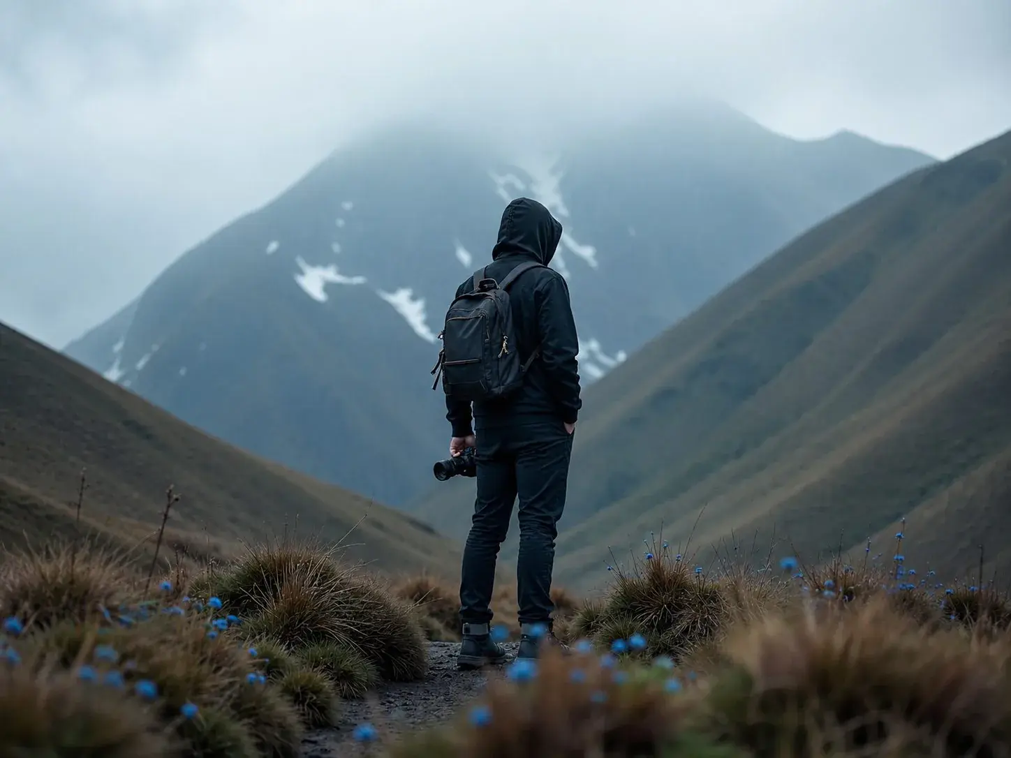A hiker in a black hoodie with a pack looks up a mountain trail into low cloud.
