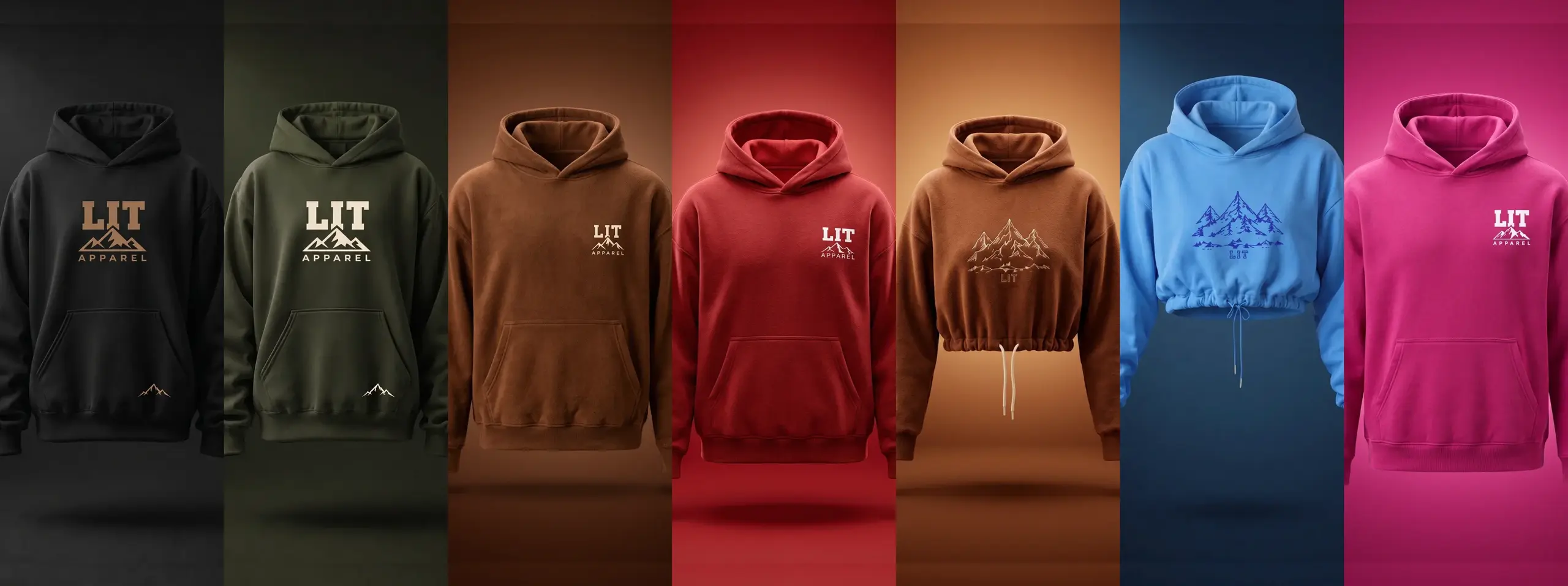 Seven LIT hoodies side by side in black, olive, chocolate, red, rust, azure and fuchsia.