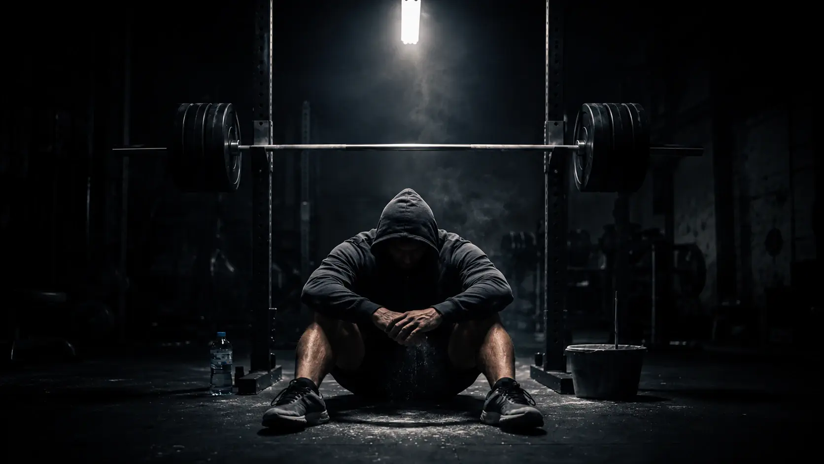 A hooded figure under a loaded barbell in a dark gym, lit by one lamp.