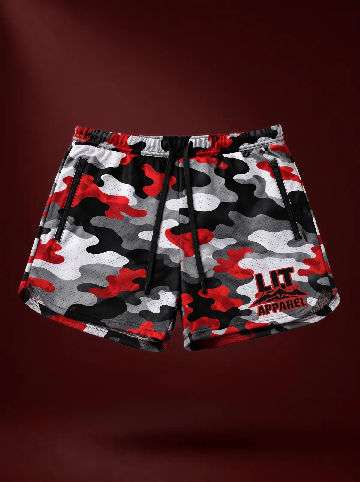 Athletic Mesh Dolphin Shorts — Red Camo in Red Camo, photographed front-on against a paper ground.