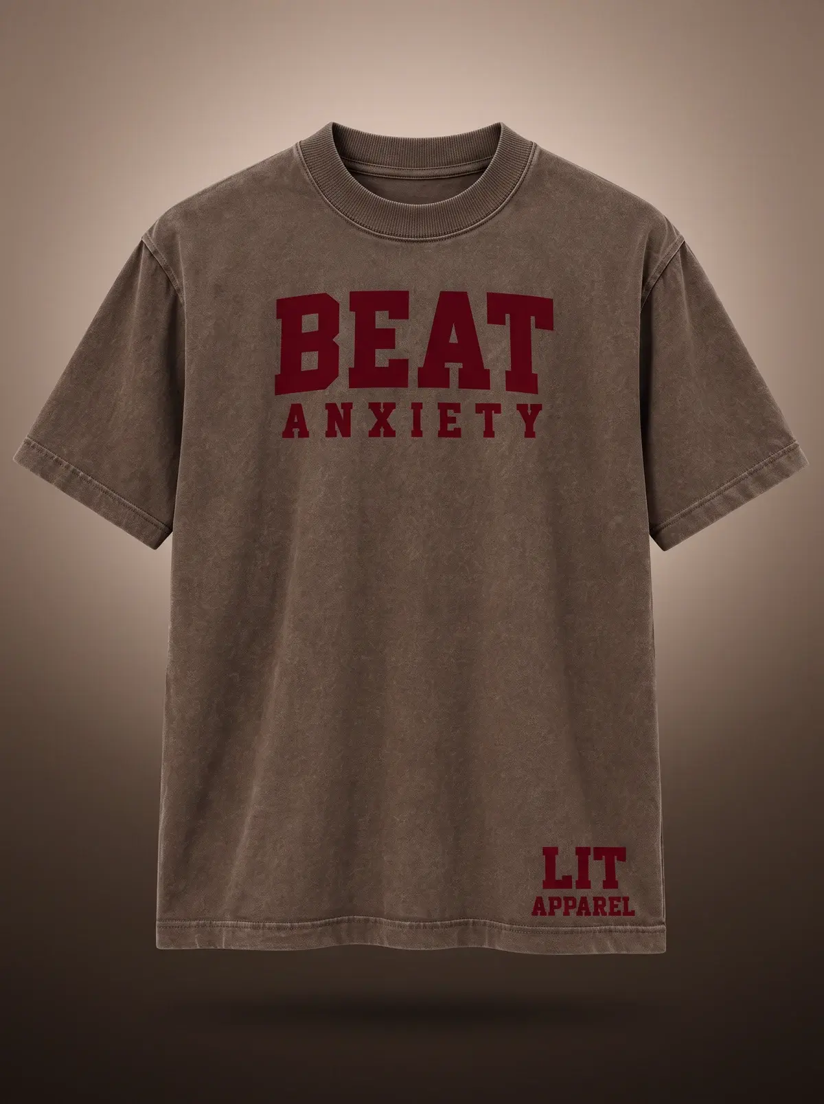 Beat Anxiety Tee — Brown / Maroon in Washed Mocha, photographed front-on against a paper ground.