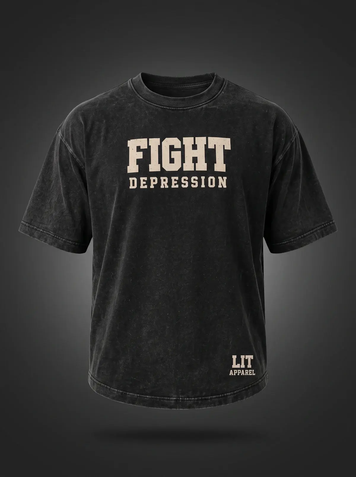 Fight Depression Tee in Summit Black, photographed front-on against a paper ground.
