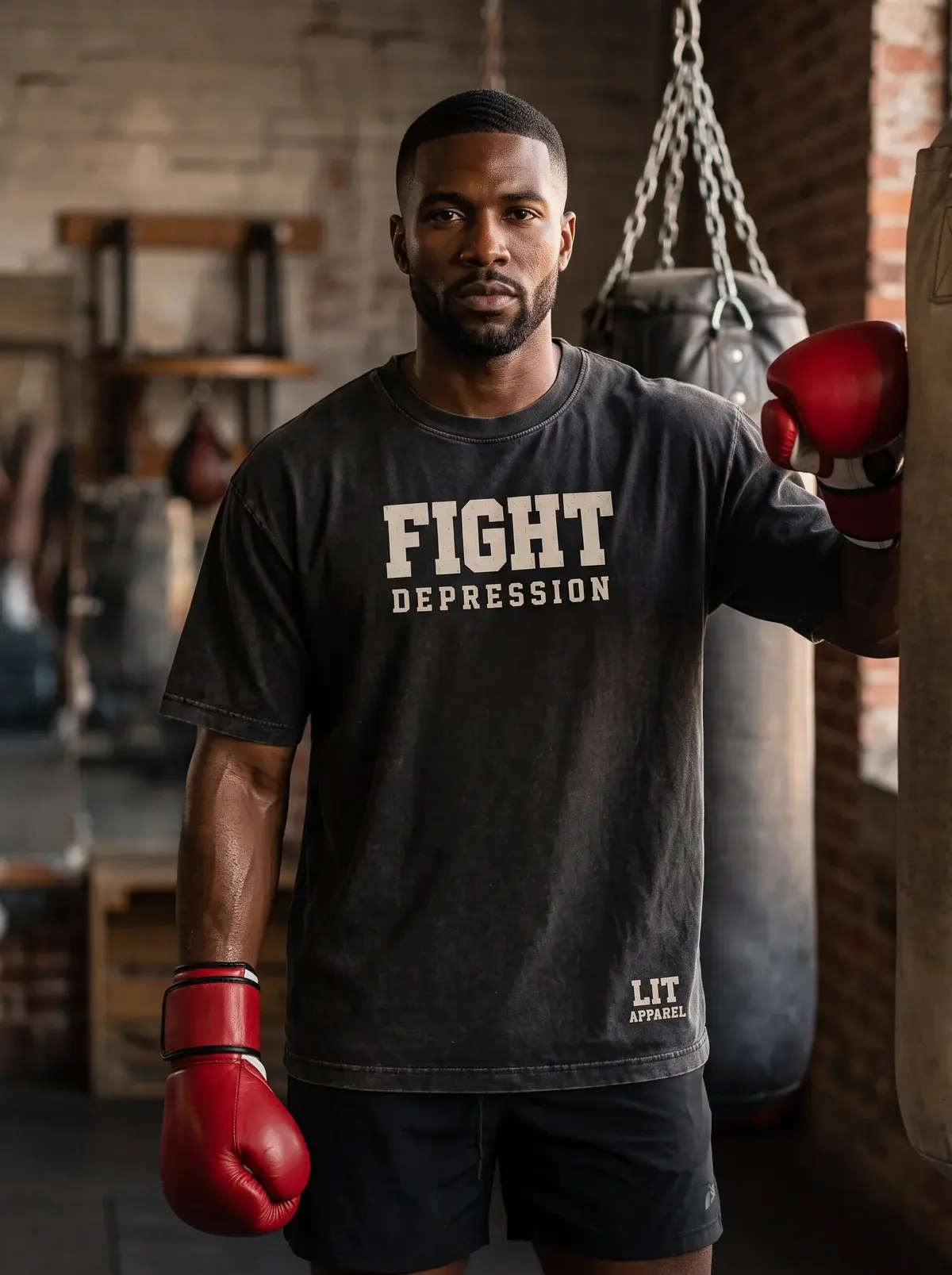 A man in boxing gloves and the black LIT Fight Depression Tee standing beside a heavy bag in a brick-walled gym.
