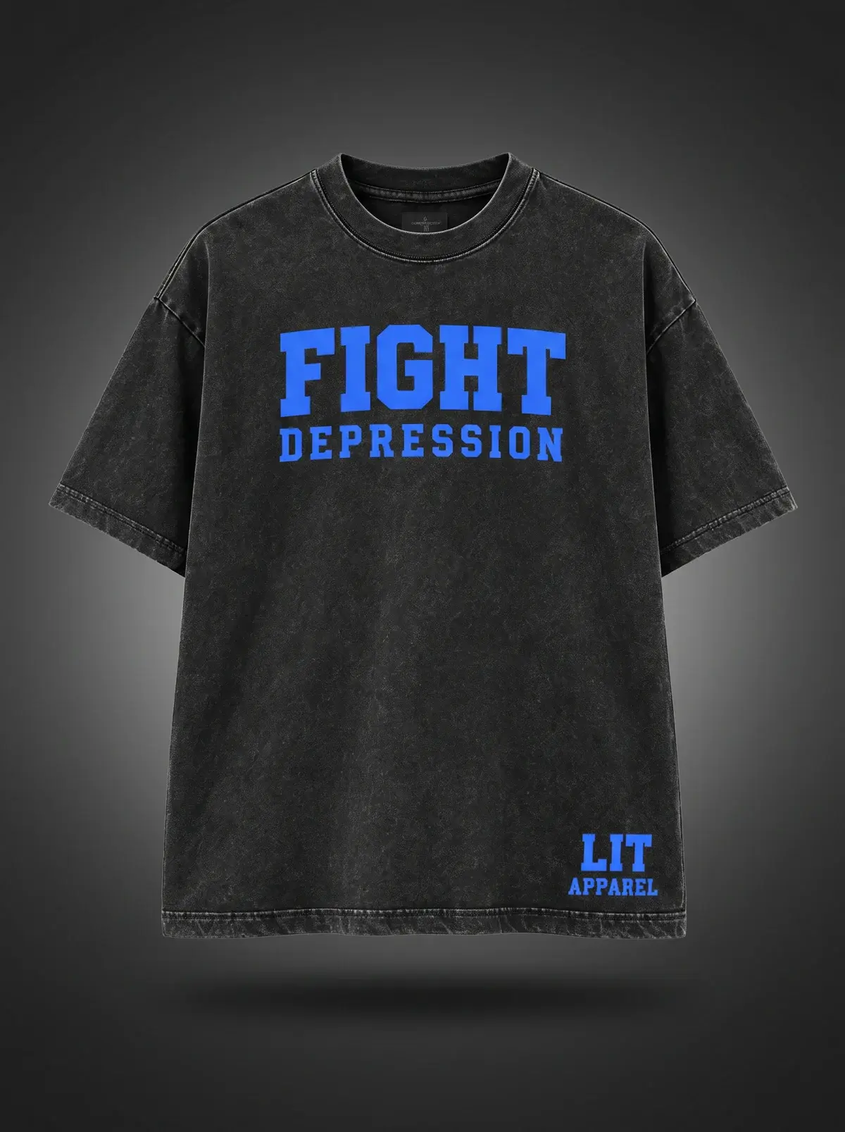 Fight Depression Tee — Black / Blue in Washed Black, photographed front-on against a paper ground.