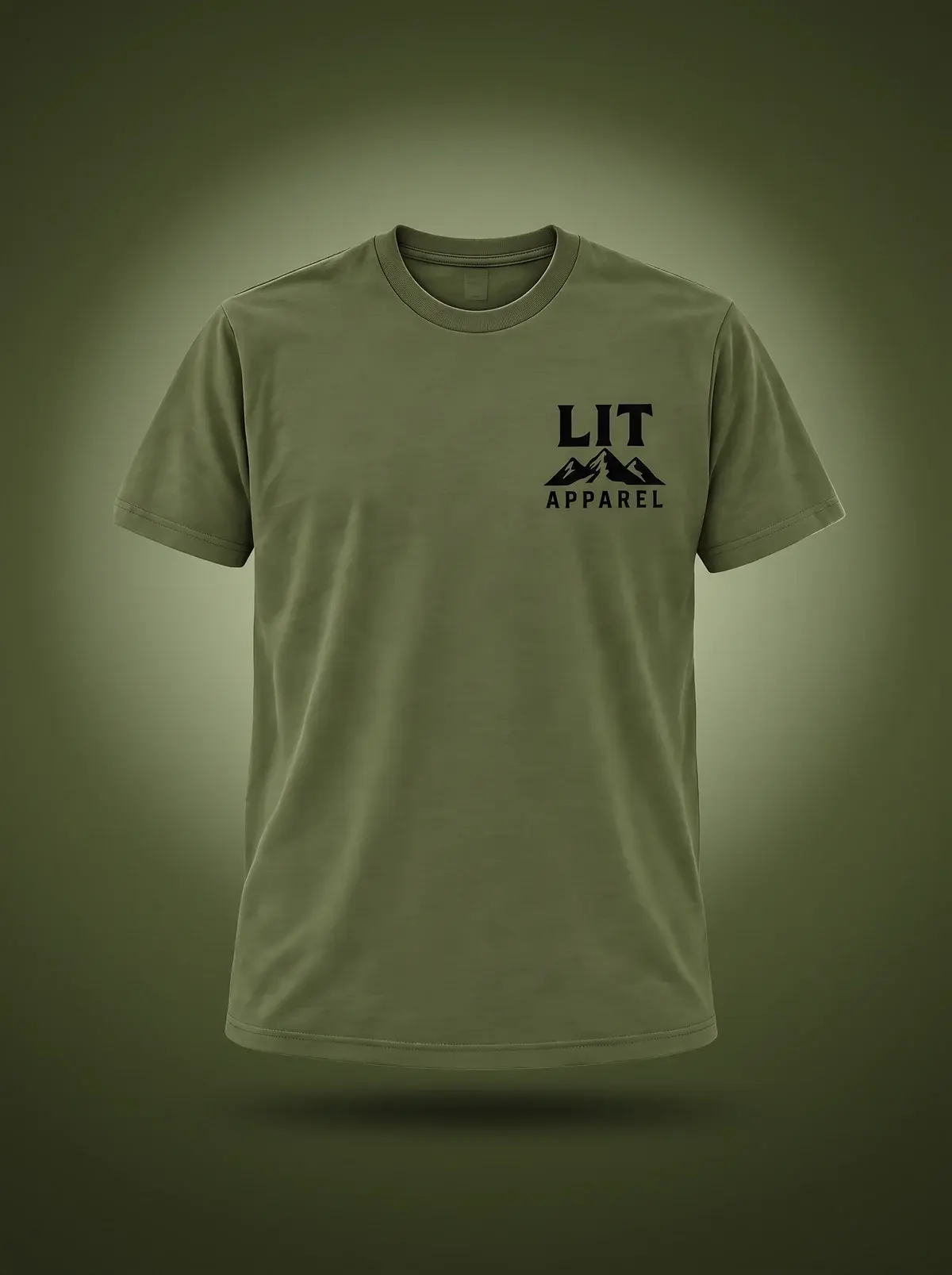 Find Peace Tee — Olive in Tungsten Olive, photographed front-on against a paper ground.