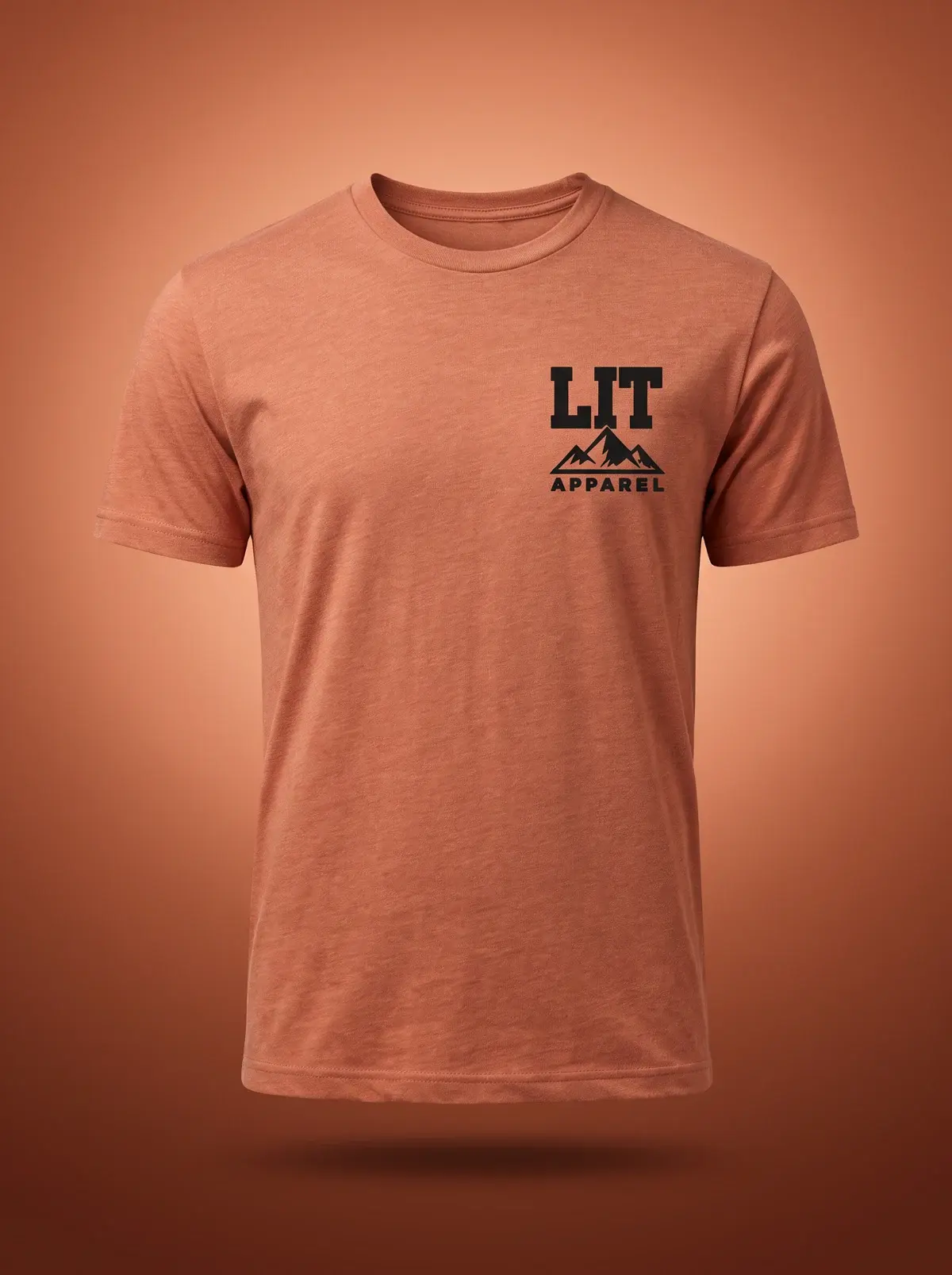 Find Peace Tee — Orange in Heather Rust, photographed front-on against a paper ground.