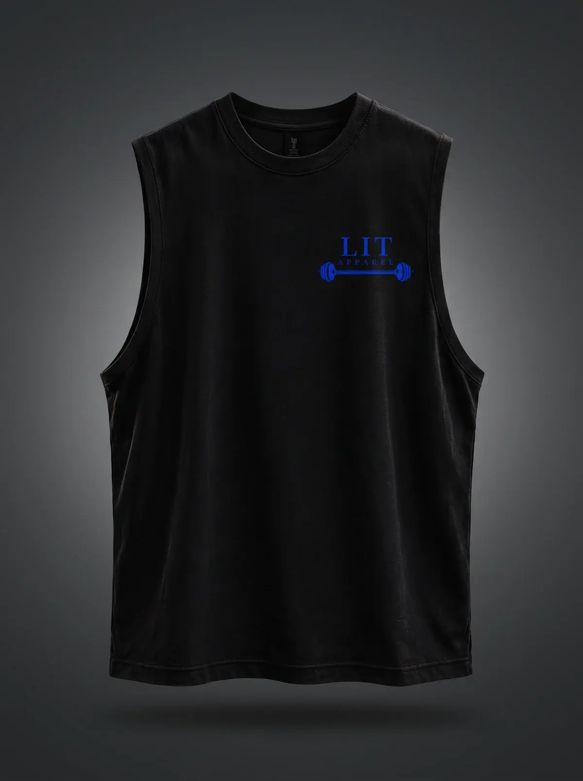 LIT Barbell Tank — Black / Blue in Summit Black, photographed front-on against a paper ground.