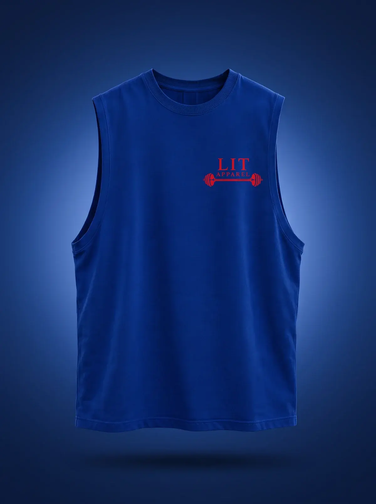 LIT Barbell Tank — Blue / Red in Cyanotype, photographed front-on against a paper ground.