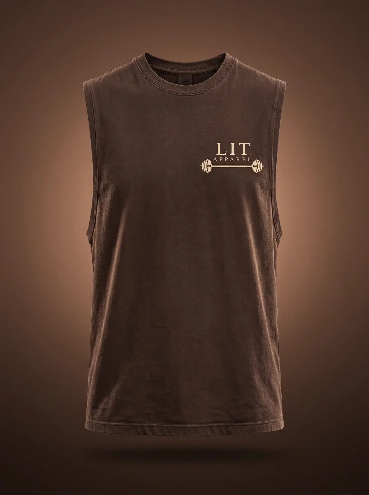 LIT Barbell Tank — Brown / Cream in Cocoa, photographed front-on against a paper ground.