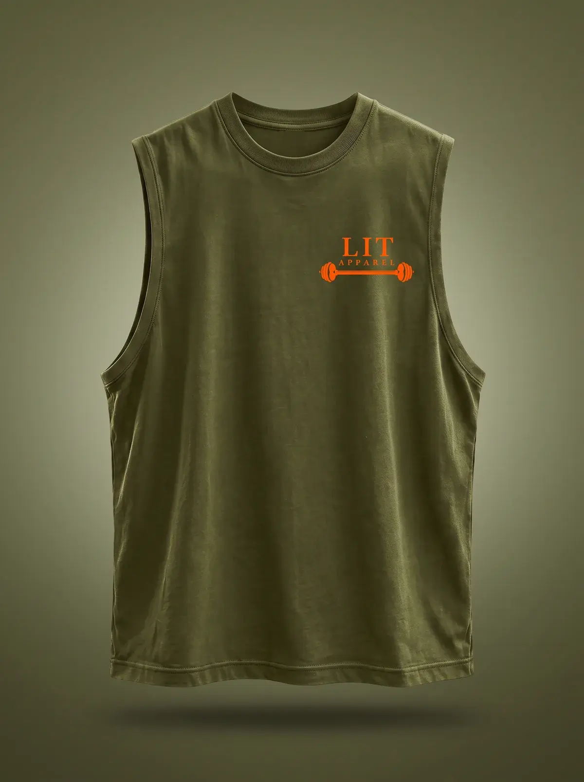 LIT Barbell Tank — Olive / Orange in Moss Olive, photographed front-on against a paper ground.