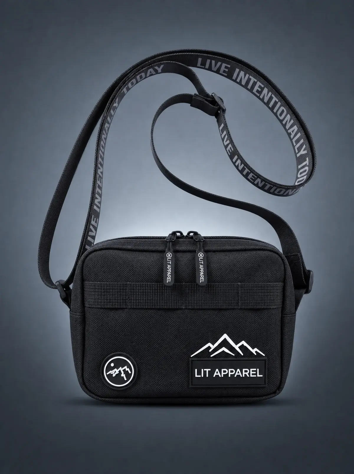 LIT Crossbody Bag — Black in Slate Black, photographed front-on against a paper ground.