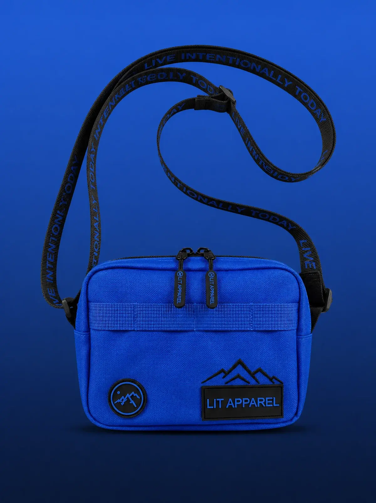 LIT Crossbody Bag — Blue in Cobalt Blue, photographed front-on against a paper ground.