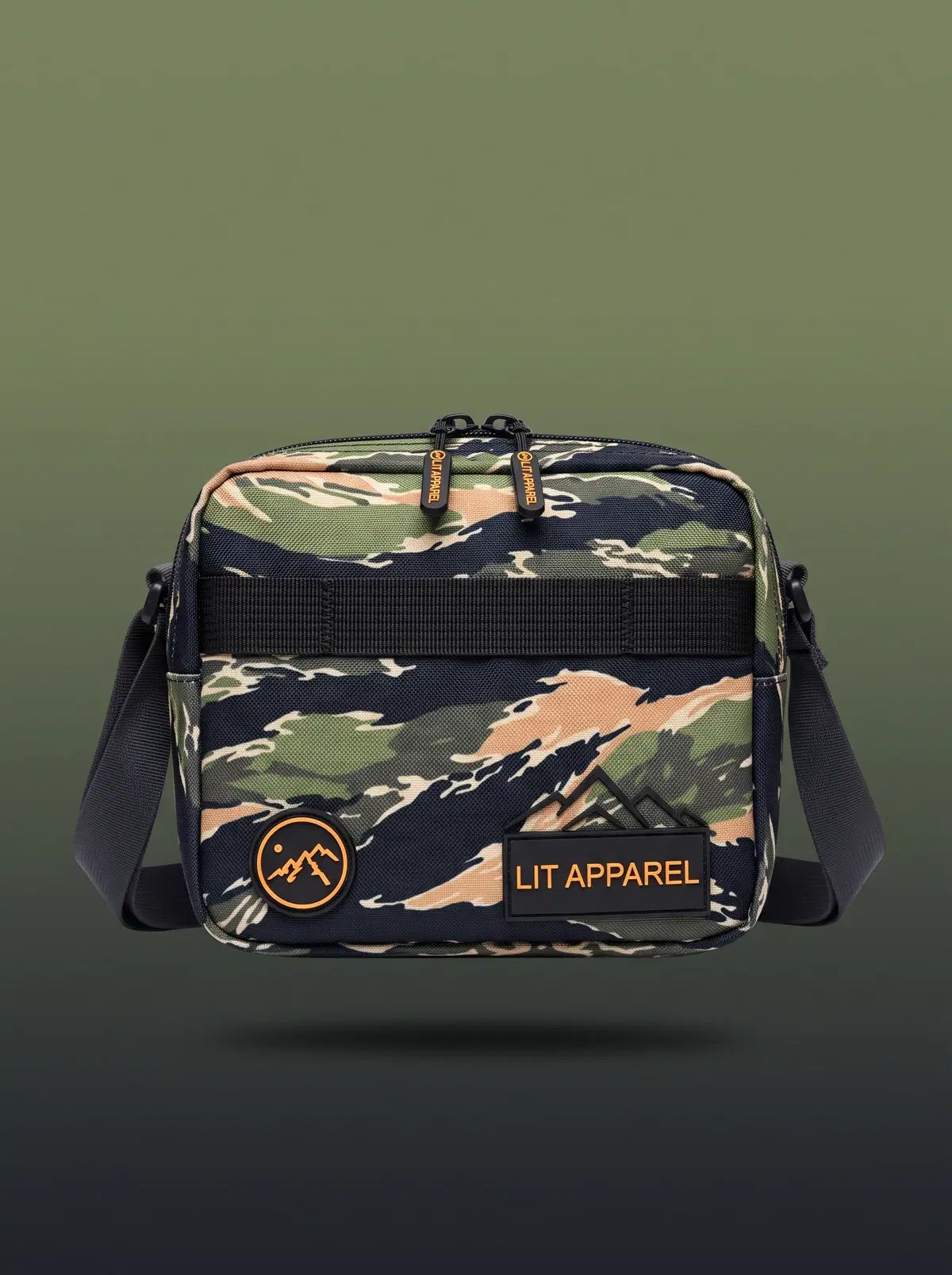 LIT Crossbody Bag — Tiger Camo in Tiger Camo, photographed front-on against a paper ground.