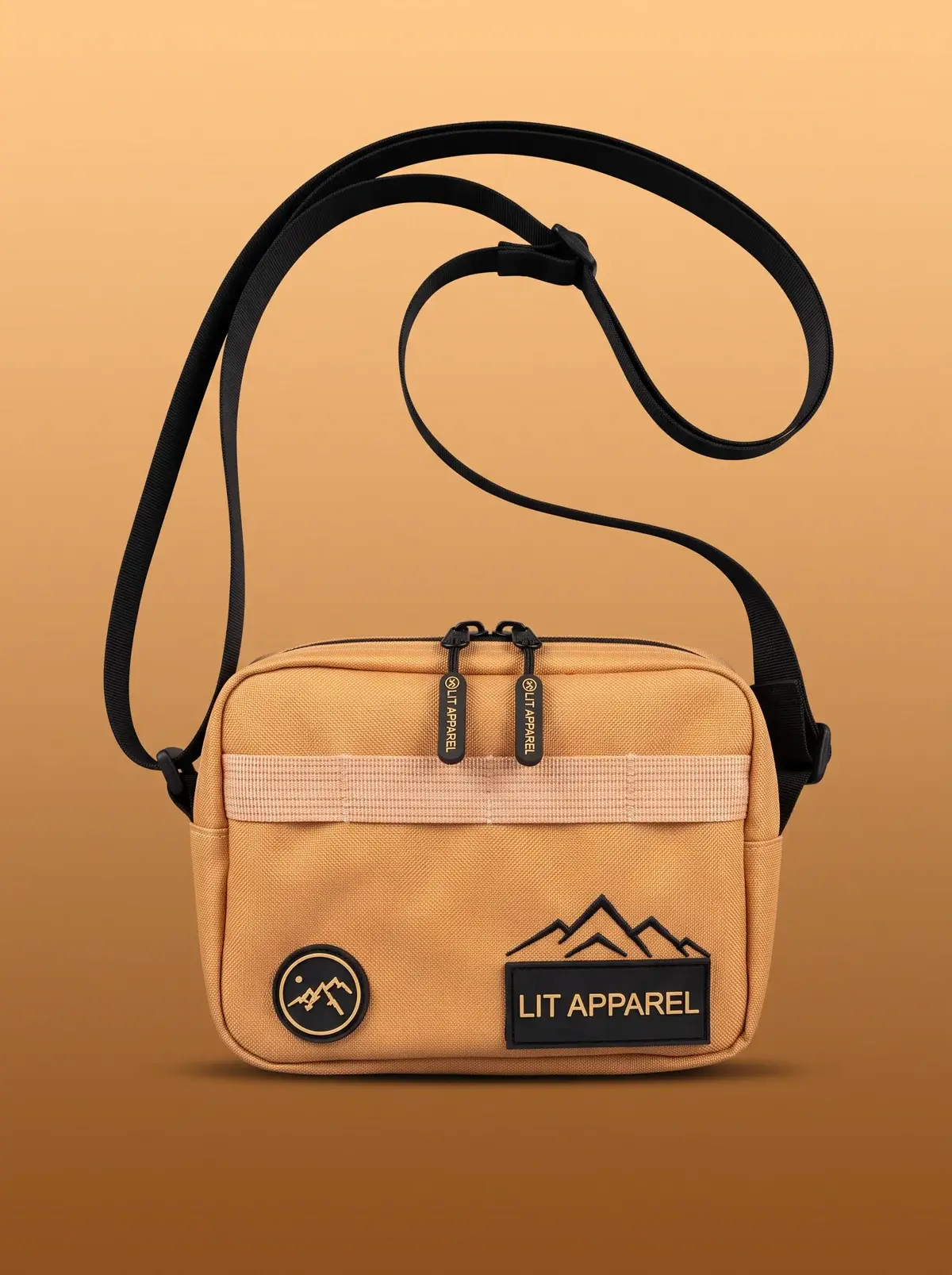 LIT Crossbody Bag — Tan in Desert Tan, photographed front-on against a paper ground.