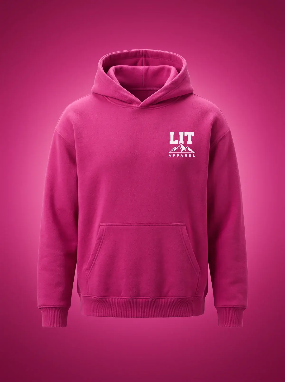 LIT Hoodie — Pink in Summit Fuchsia, photographed front-on against a paper ground.