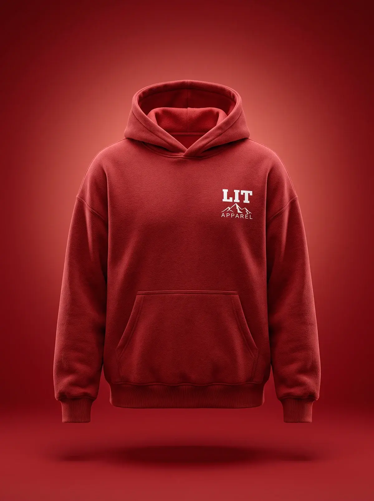 LIT Hoodie — Red in Summit Red, photographed front-on against a paper ground.