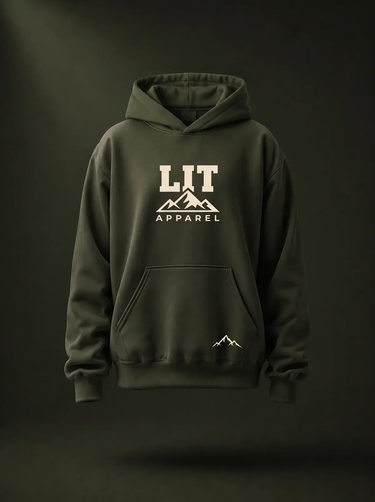 LIT Logo Hoodie — Olive in Summit Olive, photographed front-on against a paper ground.