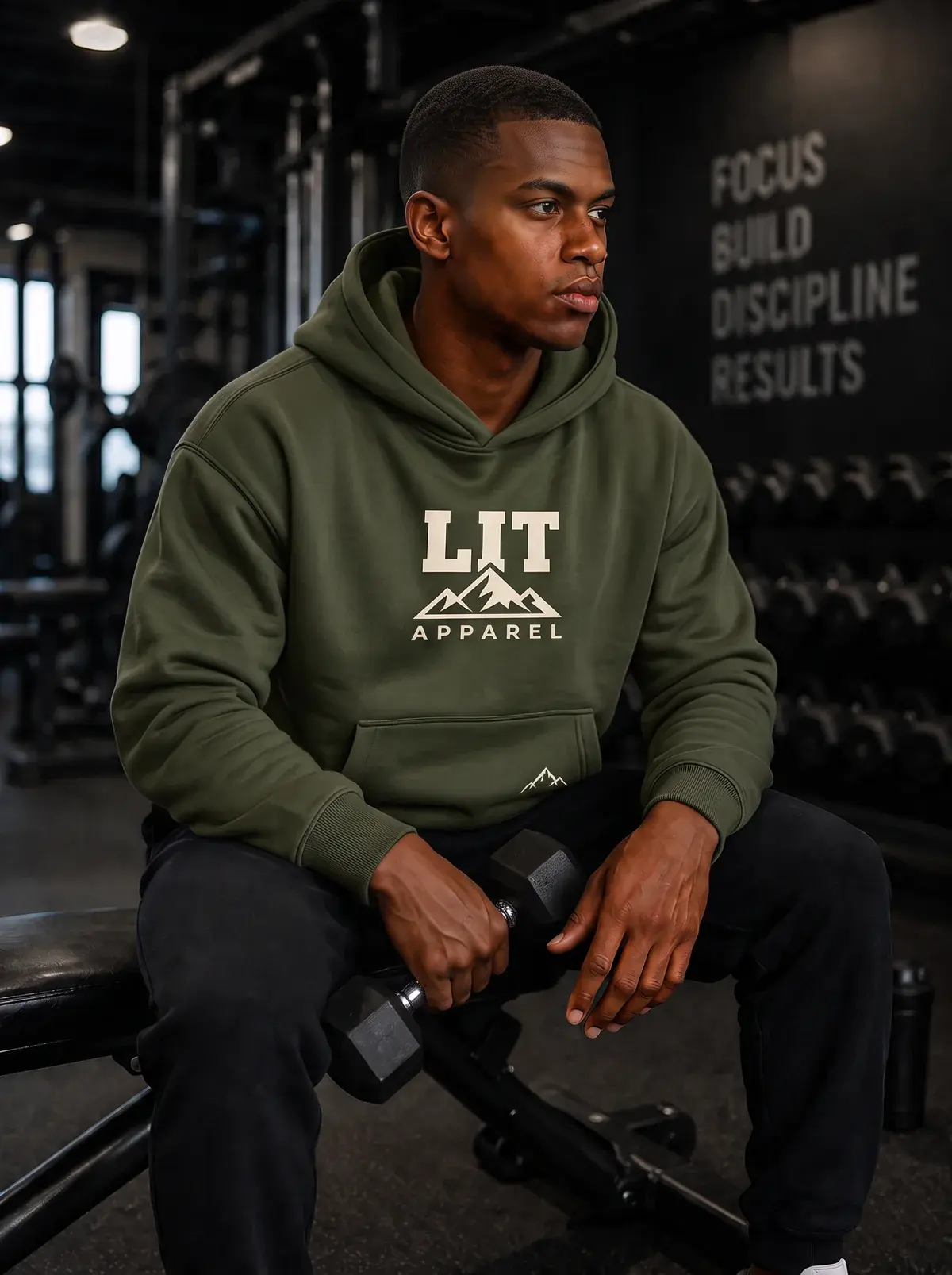 A man sitting on a gym bench in the olive LIT Logo Hoodie, holding a dumbbell.