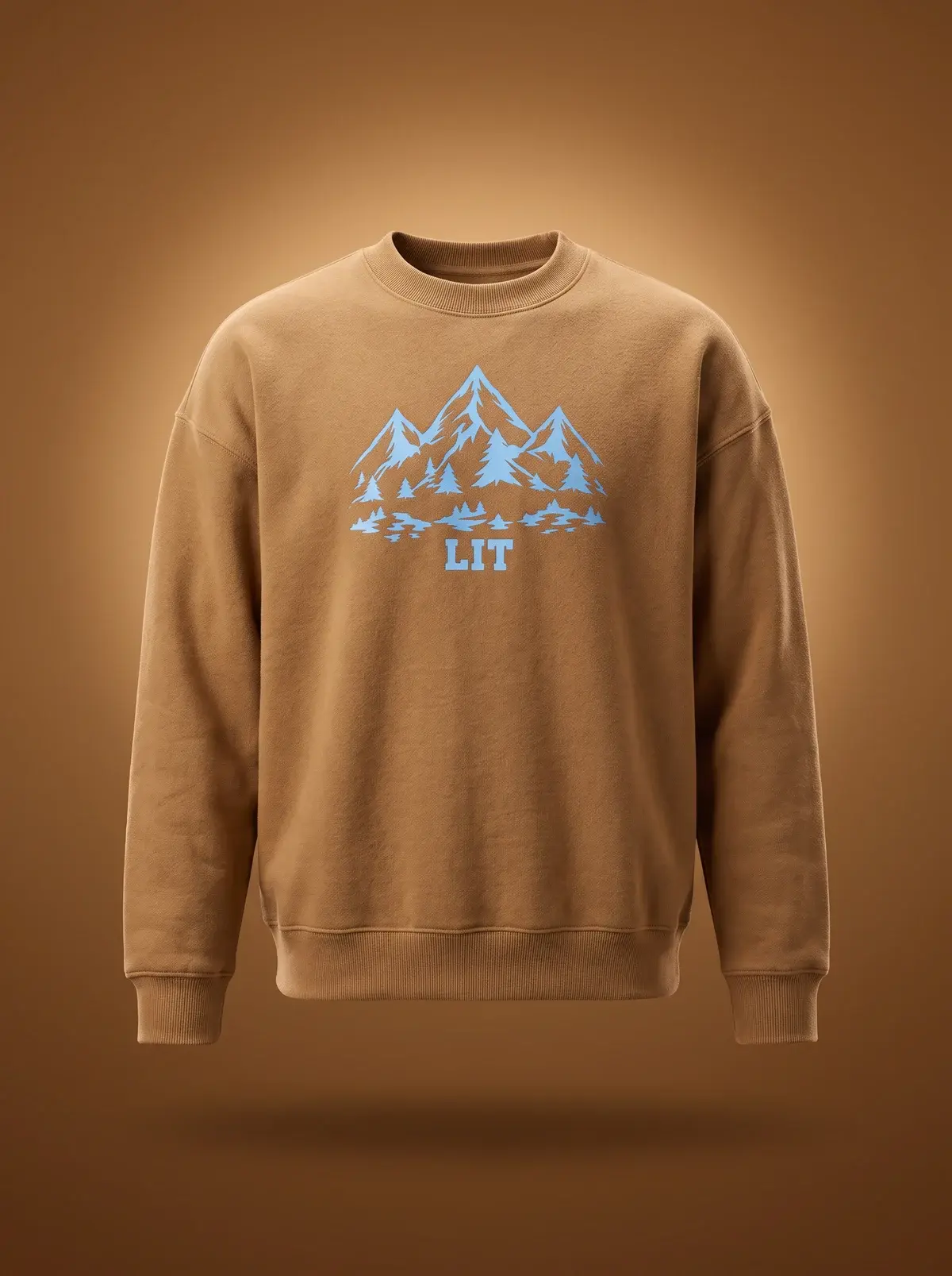 LIT Pines Crewneck — Tan in Coyote Tan, photographed front-on against a paper ground.