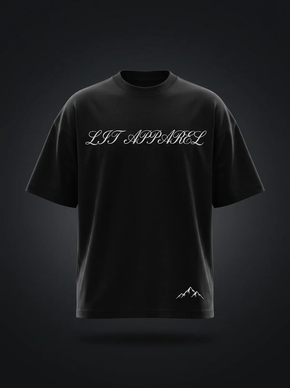 LIT Script Tee — Black in Summit Black, photographed front-on against a paper ground.