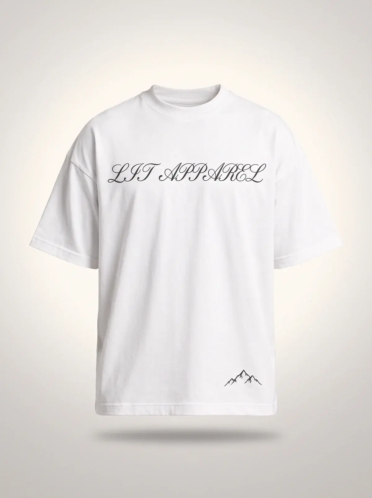 LIT Script Tee — White in Overexposed White, photographed front-on against a paper ground.