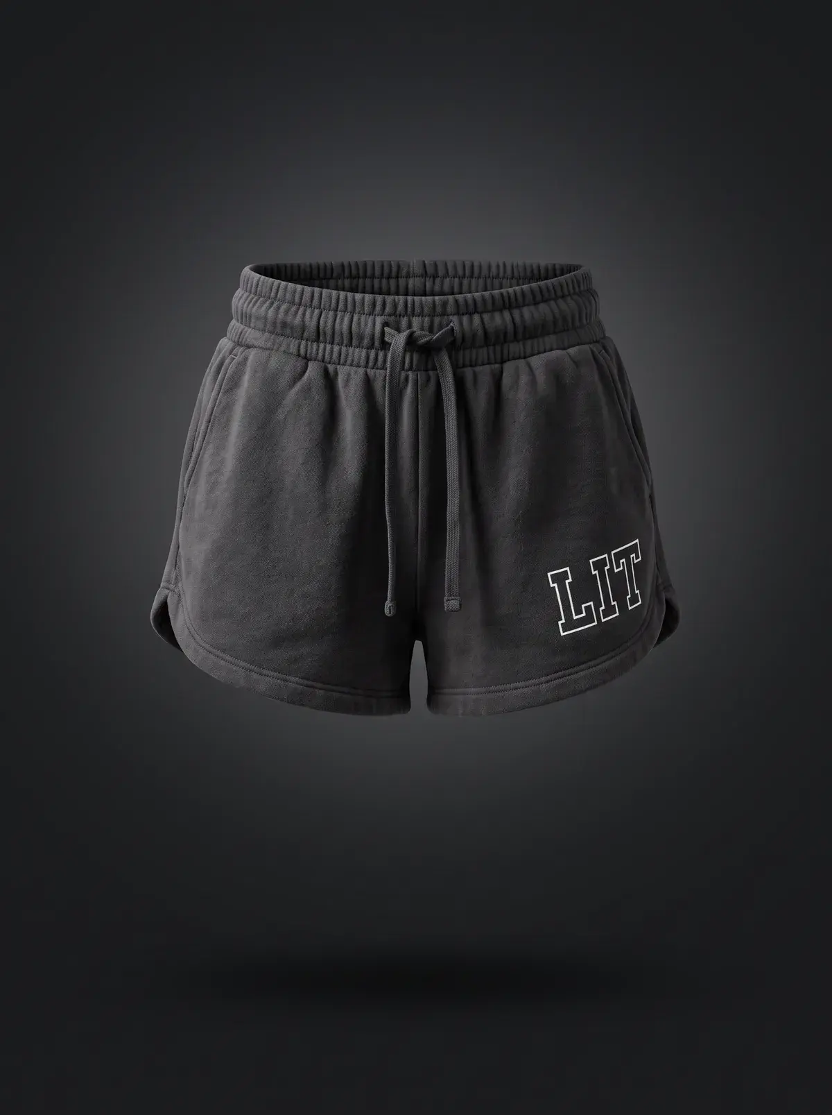 LIT Shadow Sweat Shorts in Shadow Black, photographed front-on against a paper ground.