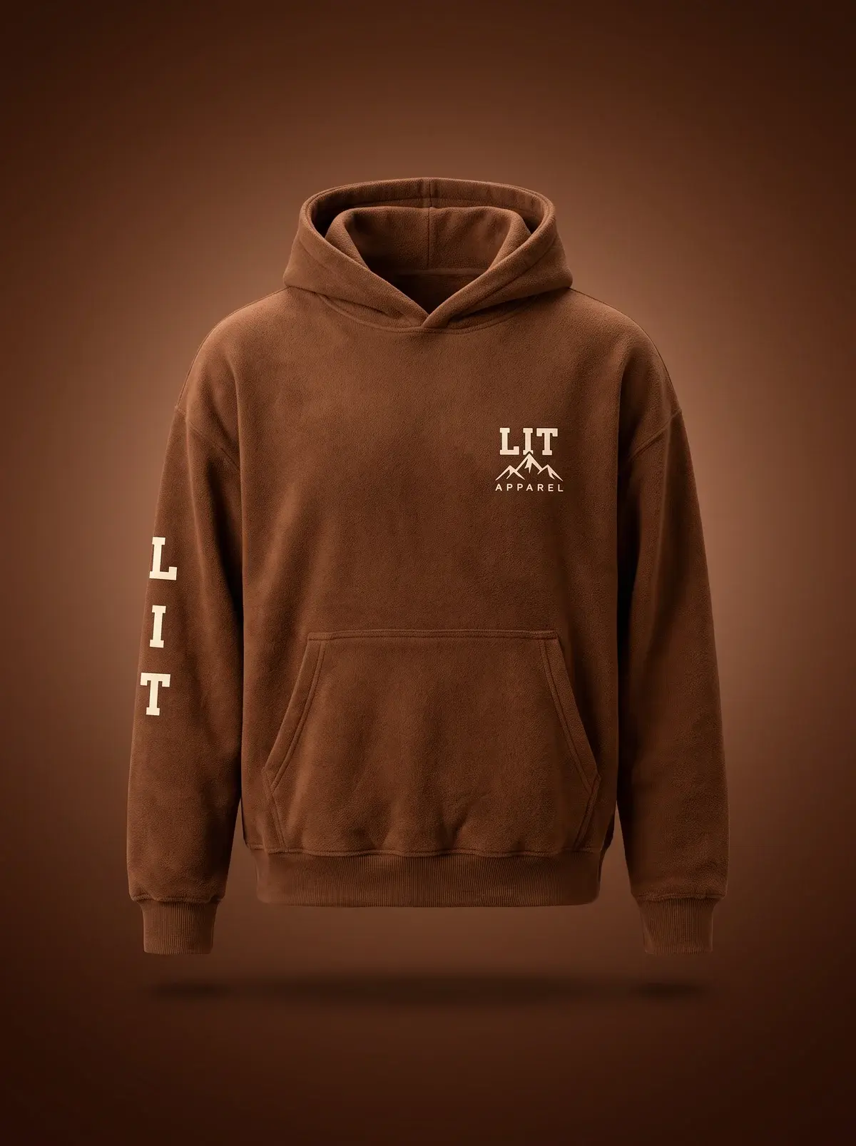 LIT Sleeve Hoodie — Chocolate in Summit Chocolate, photographed front-on against a paper ground.