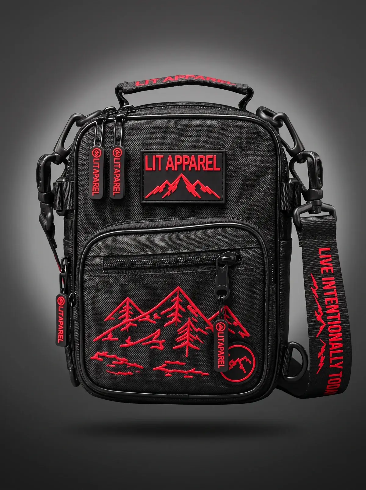 LIT Tactical Sling — Black / Red in Tactical Black, photographed front-on against a paper ground.