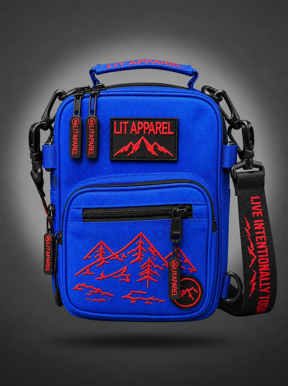 LIT Tactical Sling — Blue in Tactical Blue, photographed front-on against a paper ground.