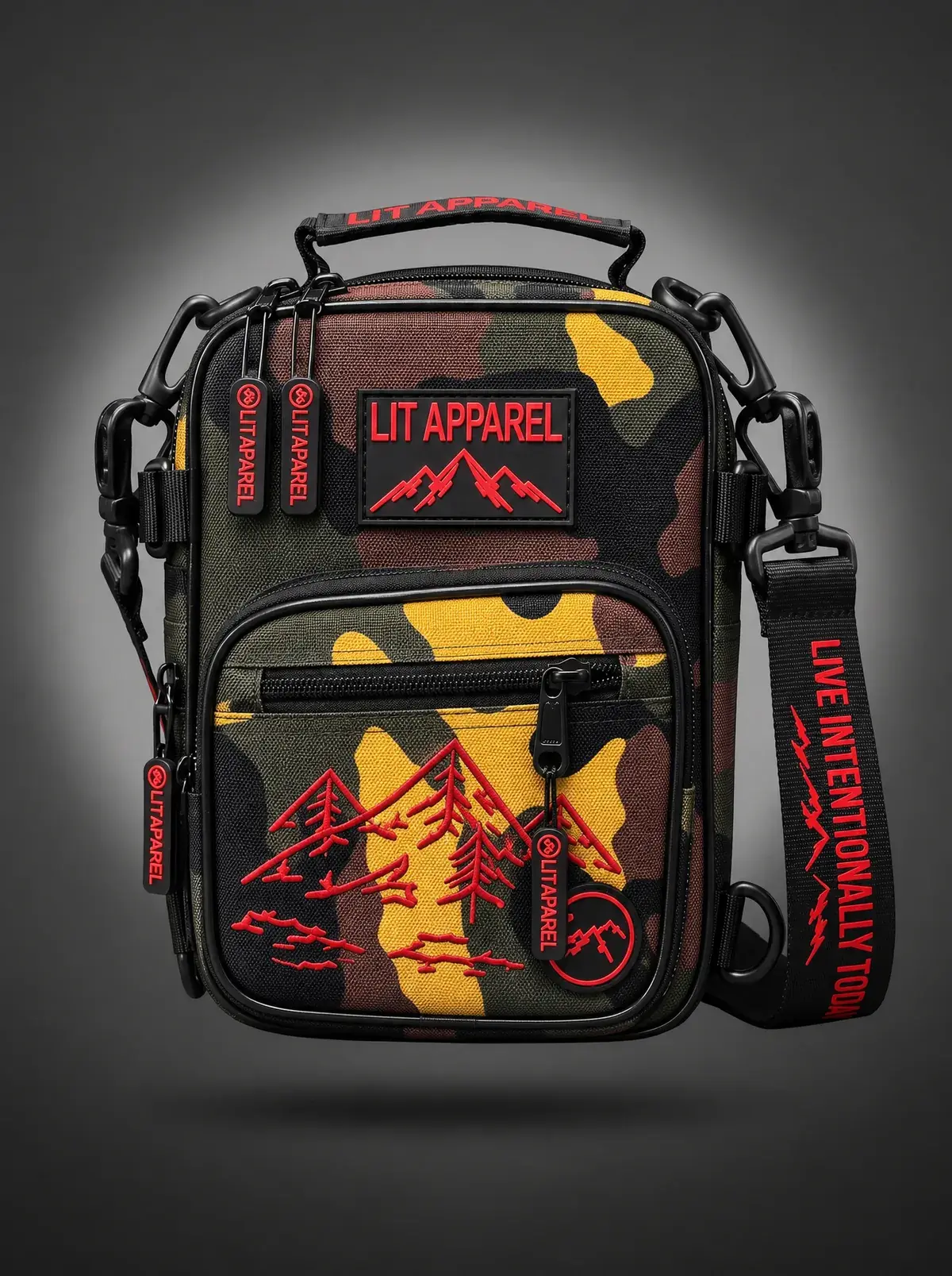 LIT Tactical Sling — Dark Camo in Dark Camo, photographed front-on against a paper ground.
