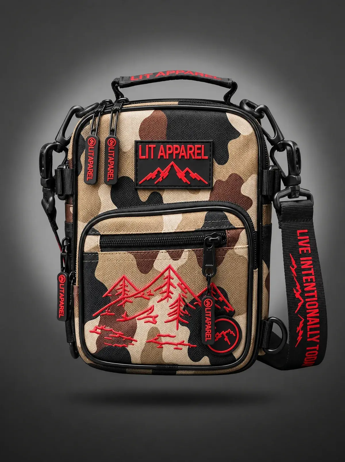 LIT Tactical Sling — Light Camo in Light Camo, photographed front-on against a paper ground.