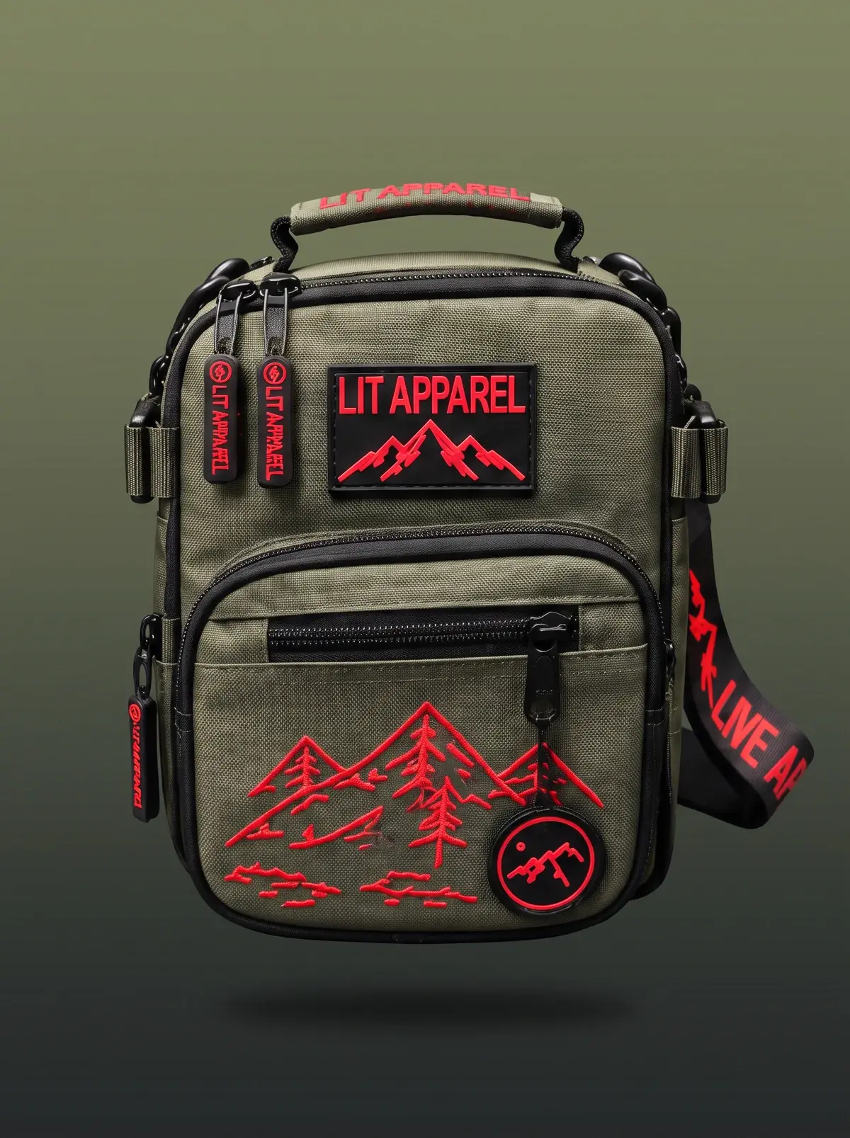 LIT Tactical Sling — Olive / Red in Tactical Olive, photographed front-on against a paper ground.