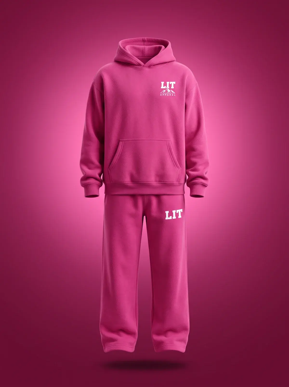 LIT Sweat Suit — Pink in Summit Fuchsia, photographed front-on against a paper ground.