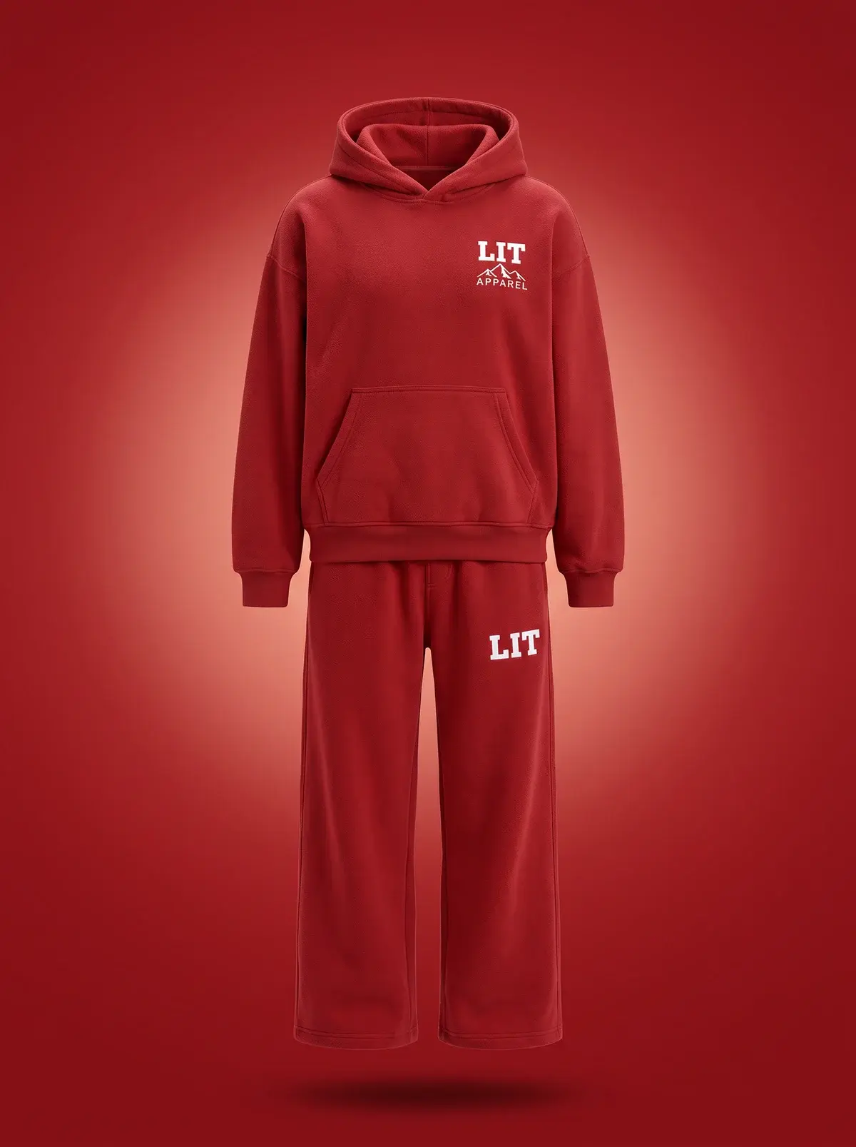 LIT Sweat Suit — Red in Summit Red, photographed front-on against a paper ground.