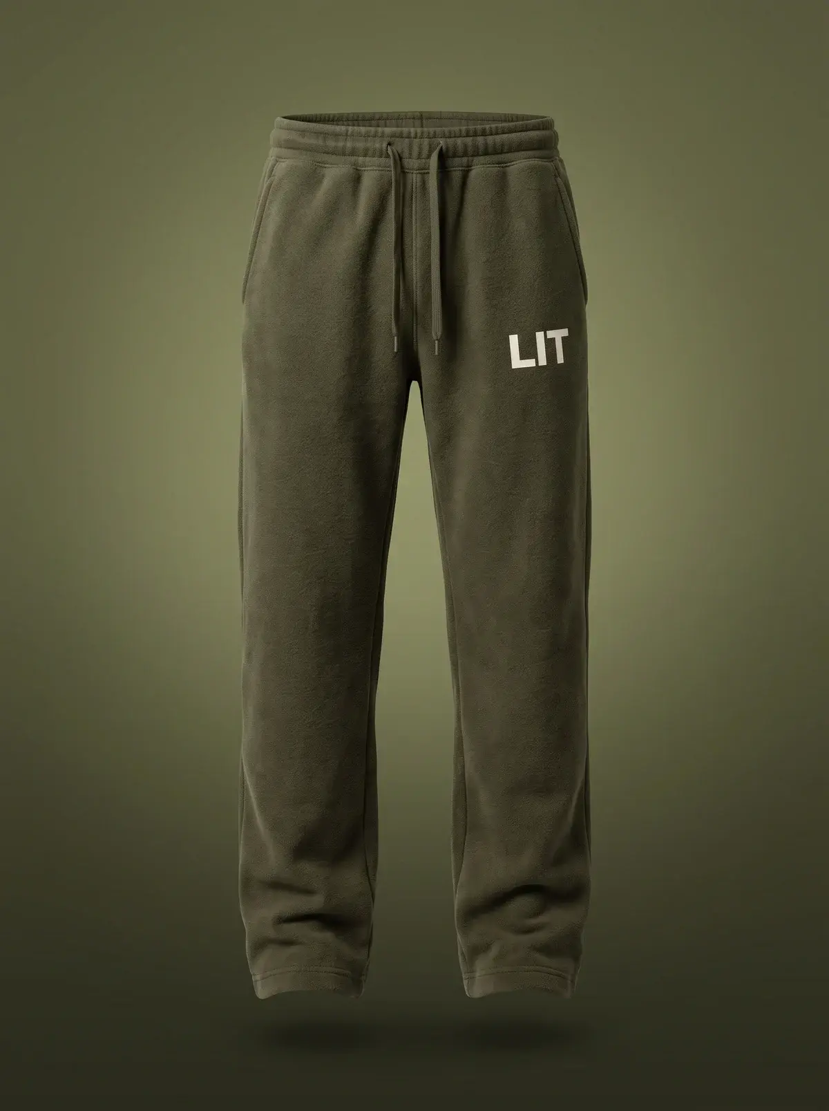 LIT Sweats — Olive in Summit Olive, photographed front-on against a paper ground.