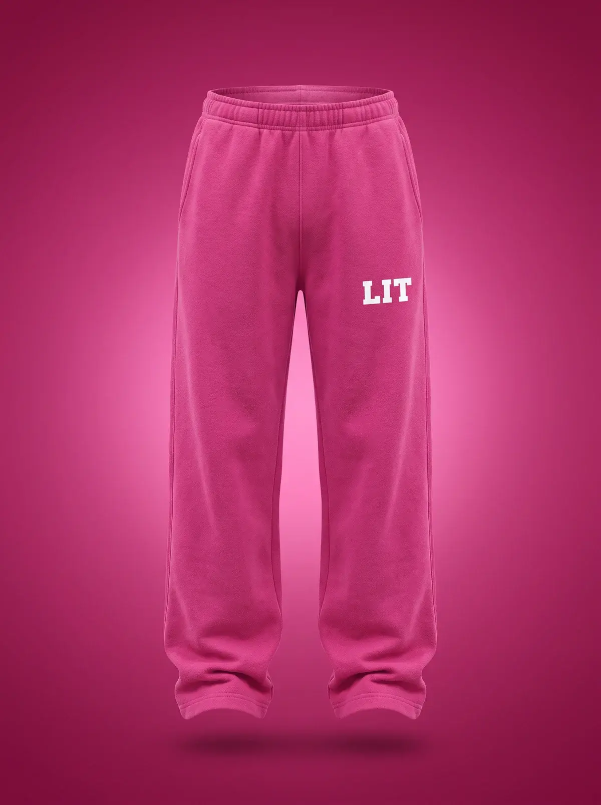 LIT Sweats — Pink in Summit Fuchsia, photographed front-on against a paper ground.