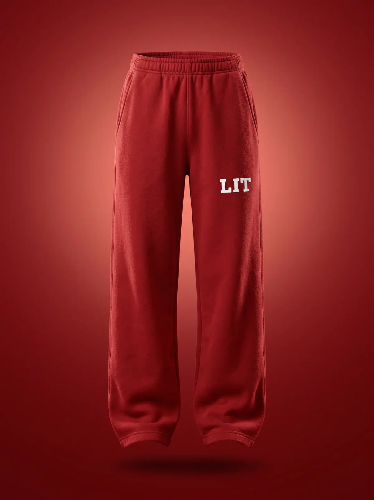 LIT Sweats — Red in Summit Red, photographed front-on against a paper ground.