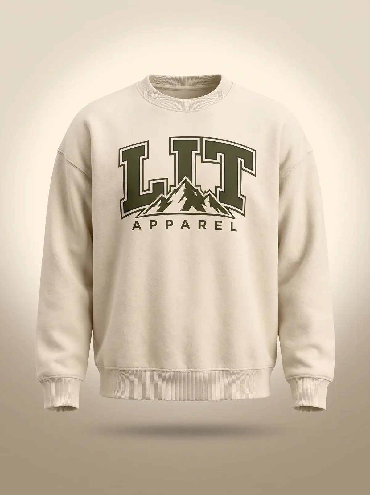 LIT Varsity Crewneck — Cream in Natural Cream, photographed front-on against a paper ground.