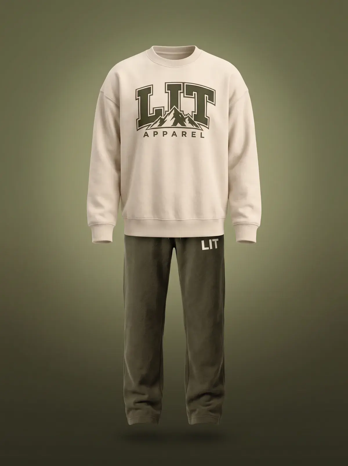 LIT Varsity Set — Cream & Olive in Natural Cream, photographed front-on against a paper ground.