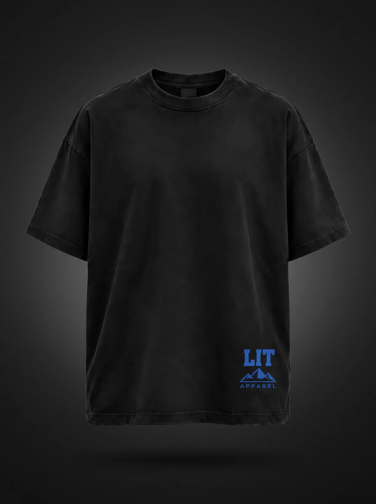 Live Intentionally Tee — Black / Blue in Summit Black, photographed front-on against a paper ground.