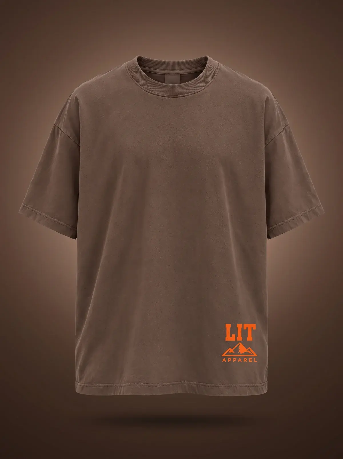Live Intentionally Tee — Brown / Orange in Cocoa, photographed front-on against a paper ground.