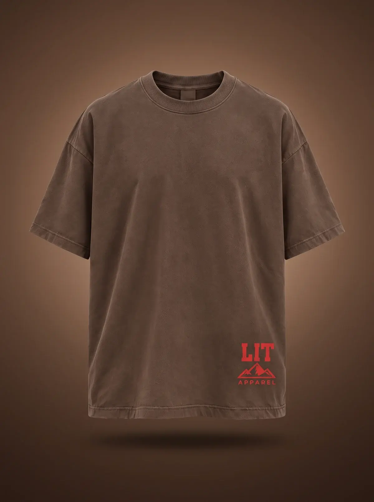 Live Intentionally Tee — Brown / Red in Cocoa, photographed front-on against a paper ground.