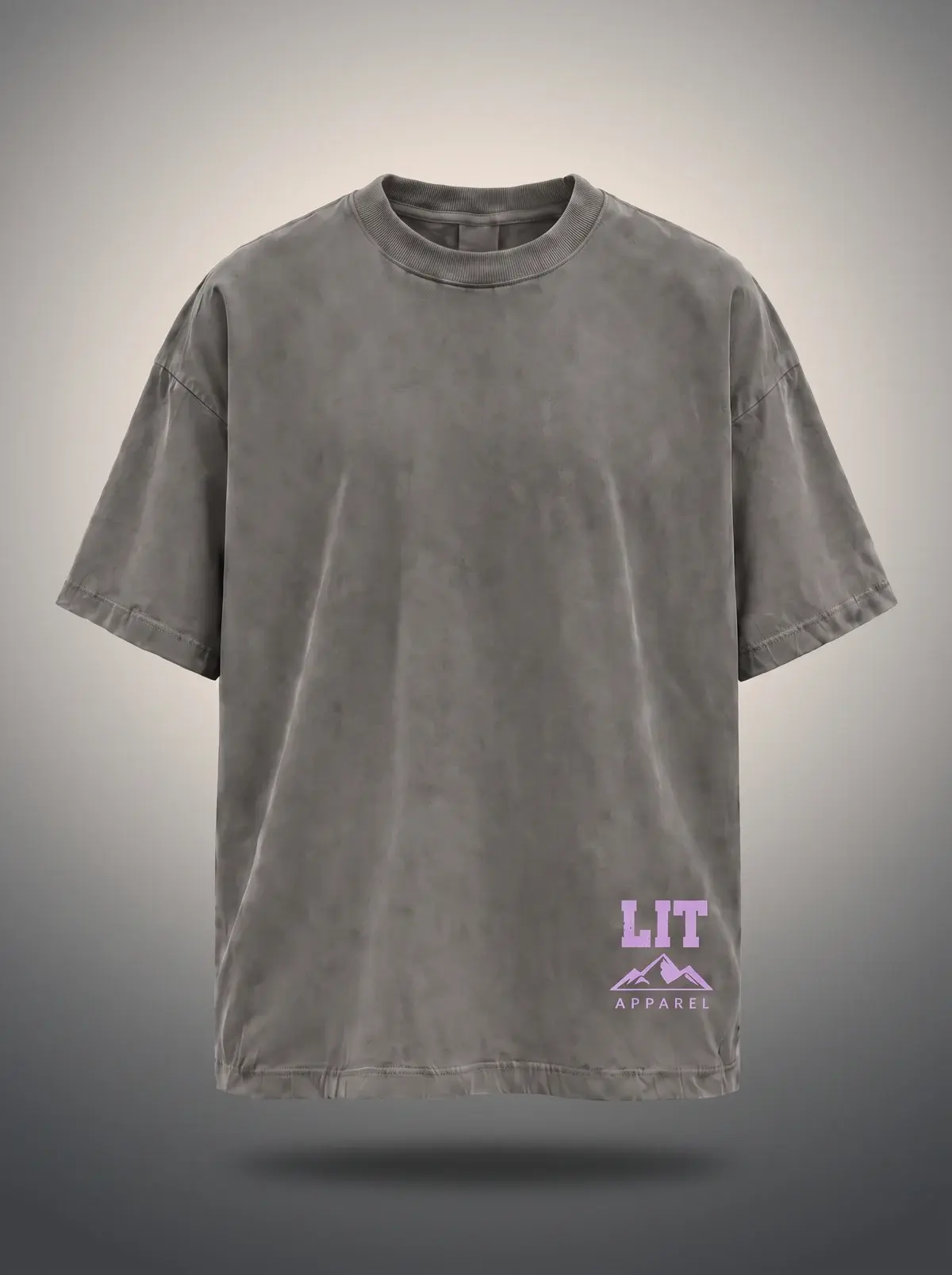 Live Intentionally Tee — Grey / Lavender in Washed Charcoal, photographed front-on against a paper ground.