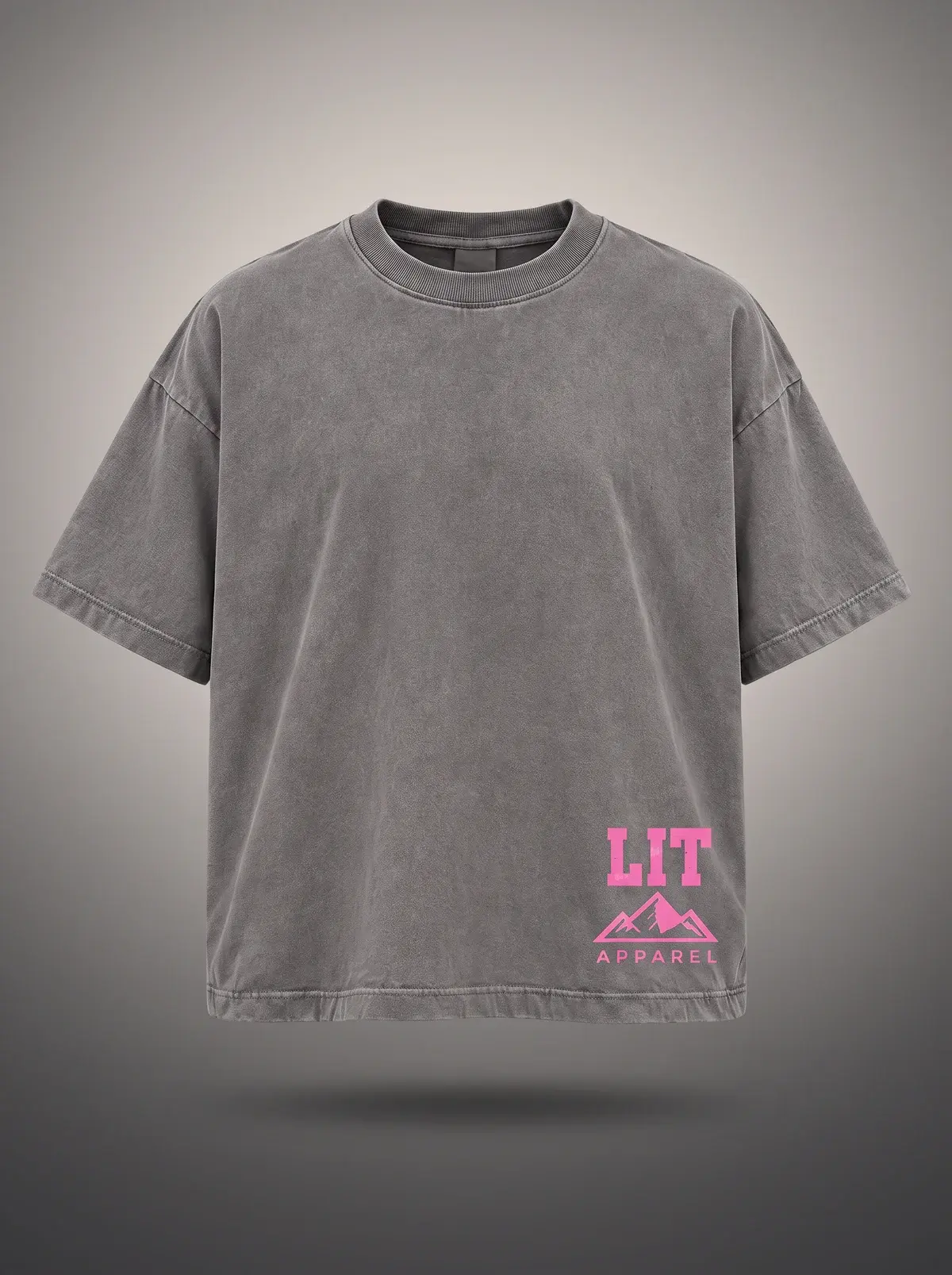 Live Intentionally Tee — Grey / Pink in Washed Charcoal, photographed front-on against a paper ground.