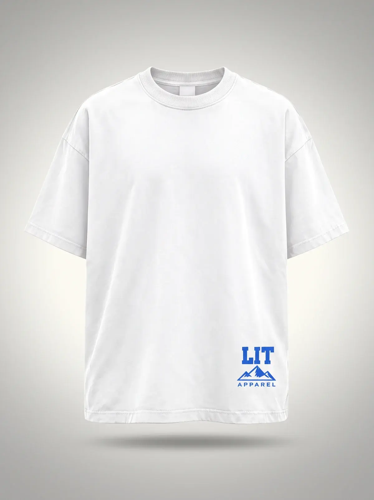 Live Intentionally Tee — White / Blue in Overexposed White, photographed front-on against a paper ground.