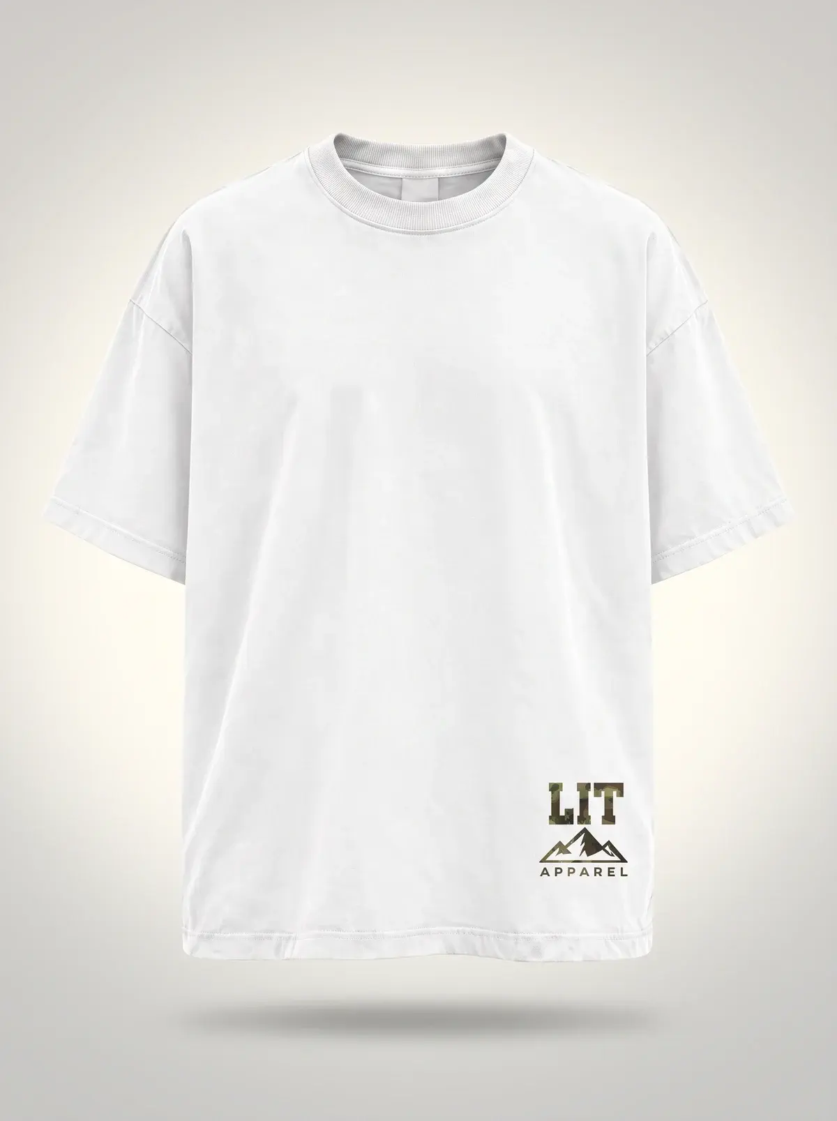 Live Intentionally Tee — White / Camo in Overexposed White, photographed front-on against a paper ground.