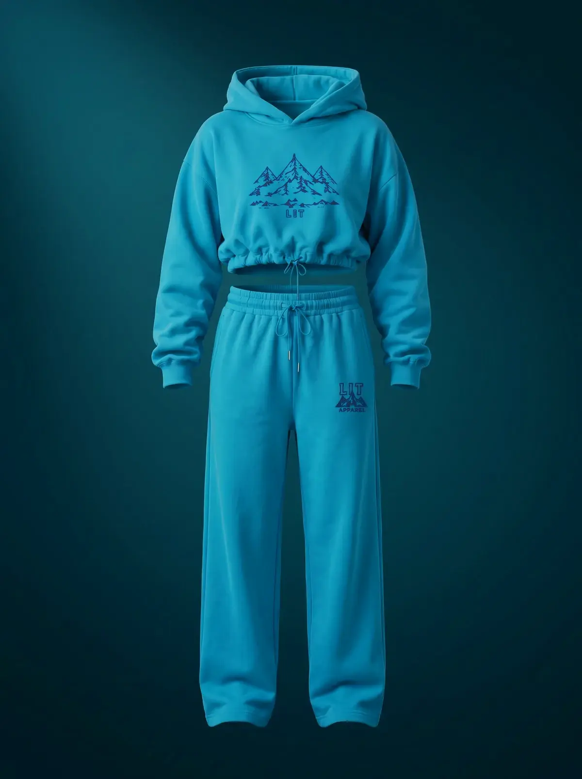 Mountain Hoodie & Sweats Set in Summit Teal, photographed front-on against a paper ground.